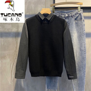 啄木鳥（TUCANO）秋冬季男士英倫風(fēng)毛衣潮流尖領(lǐng)假兩件針織衫韓版時(shí)尚修身上衣 黑色 L