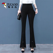 啄木鳥(niǎo)垂感喇叭褲女新款2025春秋時(shí)尚高腰顯瘦百搭蕾絲拼接開(kāi)叉長(cháng)褲子 黑色長(cháng)褲 L 104/114