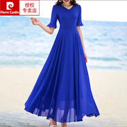 皮爾卡丹（pierre cardin）2025夏季新款超仙時(shí)尚氣質(zhì)真絲桑蠶絲連衣裙修身顯瘦沙灘大擺長(cháng)裙 寶藍 M