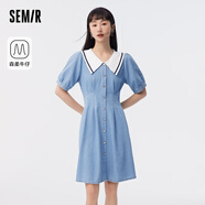森馬牛仔連衣裙女撞色大翻領(lǐng)學(xué)院風(fēng)森柔牛仔夏收腰泡泡袖短裙甜酷 牛仔淺中藍88601 L