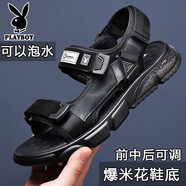 花花公子（PLAYBOY）沙灘鞋牛皮男士涼鞋真皮夏季涼拖兩用夏天防滑涼鞋透氣大碼可泡水 1612黑色 43