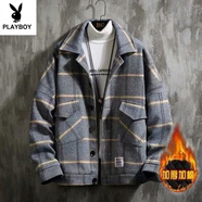 花花公子夾克男士外套秋冬季加厚休閑套裝韓版男裝一套搭配痞帥氣棉衣潮流 藍色外套 加厚 M 建議80-100斤