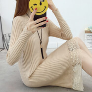 賢語(yǔ)秋冬保暖毛衣女中長(cháng)款半高領(lǐng)打底衫修身包臀針織衫高彈力百搭長(cháng) 杏色 S【建議80-90斤】