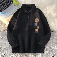POUM黑色卡通Polo翻領(lǐng)毛衣男款秋冬季潮牌線衣外套休閑慵懶針織衫 TXS-M375黑色 XL