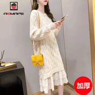 AEMAPE中長(cháng)款連衣裙女2025春秋冬季新寬松加厚蕾絲過(guò)膝針織毛衣裙子女 白色加厚 XL