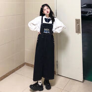 蘭威費雷Chic韓搭春秋復(fù)古中長款寬松連衣裙日系小個子牛仔背帶裙 兔子刺繡 深藍色面料 M