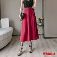 tromlfz春夏韓版一片式長裙系帶高腰中長款a字法式過膝半身裙女圍裙 大紅色 均碼 80-150斤