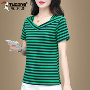 啄木鳥(niǎo)好棉短袖t恤女夏季2025新款洋氣減齡v領(lǐng)條紋體恤上衣 綠色條紋 XL 建議110-125斤
