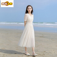 初徑仙女裙2025新款大碼收腰顯瘦溫柔風(fēng)V領(lǐng)氣質(zhì)蕾絲網(wǎng)紗連衣裙夏超仙 杏色 L 110斤-120斤