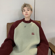 POUM歐美粗線毛衣男冬季日系復(fù)古慵懶學(xué)院風(fēng)oversize插肩袖針織衫外套 GCFS-MY9213紅綠 L