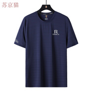 蘇京貓L-8XL夏季男冰絲短袖圓領(lǐng)T恤速干印花運動(dòng)短T體恤加肥大碼男裝T恤 藏青色 L (適合100-115斤 左右)