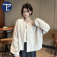 PMOG美式復(fù)古棒球開衫外套女裝早春新款學(xué)生潮流寬松薄款夾克上衣 杏色(學(xué)院風(fēng)女裝早春必備外套薄 L 106120
