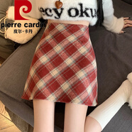 皮爾卡丹（pierre cardin）復(fù)古紅色格子毛呢半身裙女秋冬款2024新款防走光高腰a字包臀短裙 紅色 XL