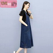 夏天穿的牛仔口袋裙中長(cháng)款牛仔口袋裙女2022夏季新款休閑時(shí)尚寬松顯瘦洋氣口袋牛仔裙子女裝 黑T+背帶裙 XL 115-130斤