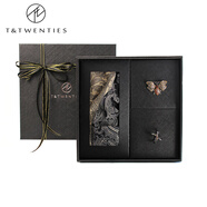 T&Twenties男士真絲絲巾方巾男禮盒復古秋冬脖子護頸桑蠶絲英倫領(lǐng)巾絲綢圍巾 絲巾+絲巾扣+胸針