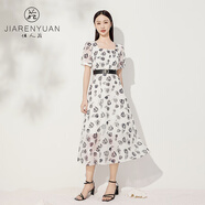 佳人苑連衣裙女2024年夏季新款高腰方領(lǐng)郁金香印花點(diǎn)綴身側(cè)隱形拉鏈 黑米 XS