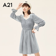 A21秋季女裝方領(lǐng)長袖A字裙中長款顯瘦連衣裙女士絲絨裙子 中灰 S