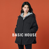 Basic House/百家好純色襯衫式輕薄羽絨服秋冬白鴨絨休閑短外套女 黑色 M （110-125斤）