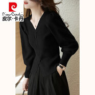 皮爾卡丹（pierre cardin）針織打底衫女士裝春秋冬2023年新款v領(lǐng)時尚洋氣內(nèi)搭毛衣上衣 黑色《秋冬季潮流別致漂亮?xí)r髦 XL 120-130斤