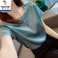 啄木鳥(niǎo)2025夏裝T恤上衣真絲桑蠶絲綢小衫女裝高端尾單短袖 藍(lán)色 L