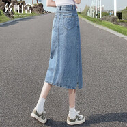 絲柏舍高腰半身裙2025春新款女時尚通勤中長款水洗開叉牛仔裙 淺藍色 L