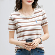 紅粉宣言2024夏裝新款短袖T恤女寬松條紋半袖高含棉上衣 咖條紋 XL