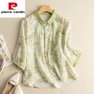 皮爾卡丹（pierre cardin）女復古蕾絲碎花苧麻薄上衣寬松棉麻亞麻短袖襯衫女裝 綠色(少量現貨) L 【建議110-130斤】