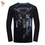 舒裟（ZUMKSAY）高檔輕奢春秋男裝3D個性動物猩猩圖案印花男長袖T恤加肥 印第安狼黑色 6XL 建議220-240斤