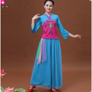 緣夢(mèng)韻廣場(chǎng)舞服裝新款套裝女民族風(fēng)古典舞演出服 秧歌扇子跳舞衣服 藍色長(cháng)袖上衣+藍色ku 4XL