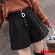 事思女時(shí)尚毛呢短褲女松緊腰年秋冬a字高腰闊腿休閑冬季外穿呢子靴褲 毛呢短褲(654黑色) XL 115-130斤