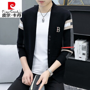 皮爾卡丹（pierre cardin）高端羊毛針織衫男高檔潮牌休閑開(kāi)衫毛衣男士春秋季薄款夾克外套男 黑色 XL 120-135斤