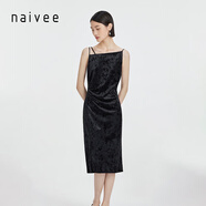 納薇（naivee）春季赫本風(fēng)小黑裙吊帶一字肩氣質(zhì)時尚無袖絲絨連衣裙女 黑色 M