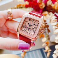 艾諾【滿(mǎn)天星月】女士手表機械表方形女款生日圣誕節禮物送女友女生 玫金紅皮 L6153