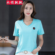 衣領(lǐng)飄飄短袖V領(lǐng)t恤女裝條紋上衣春夏裝顯瘦簡(jiǎn)約風(fēng)體恤衫女士棉衣服韓版 淺藍條紋 4XL(155-170斤)