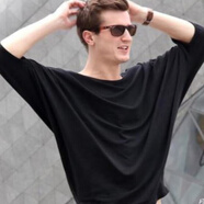 BZOK男士夏季個(gè)性寬松T恤肥老中袖蝙蝠衫胖子裝英倫風(fēng)潮男t恤五分袖 黑色 2XL