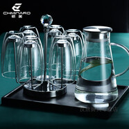 祈美北歐風(fēng)雙層隔熱玻璃杯可愛(ài)水杯創(chuàng  )意綠茶杯冷飲牛奶果汁咖啡杯子 500ml6只+鉆石架+大黑盤(pán)+1.8L壺