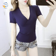 佐琪魚(yú)性感收腰緊身v領(lǐng)針織T恤女夏短袖低胸上衣交叉裝主播衣服 藏青色 均碼 (120斤以下)