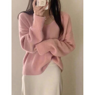 妮縷 寬松v領(lǐng)針織衫女秋冬新款小個(gè)子內(nèi)搭打底衫加厚毛衣學(xué)生短款上衣 粉色 均碼 【建議80-130斤】