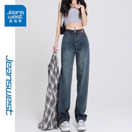 真維斯（Jeanswest）2025春夏季新款高腰窄版直筒牛仔褲女士高個子顯瘦休閑闊腿長褲子 復(fù)古藍(lán)長褲 L