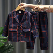 哈兜兒 男童裝男寶寶小西裝春裝小男孩嬰幼兒1衣服2小童3秋季套裝4周歲 艾大格子西裝兩件套藏青色 100