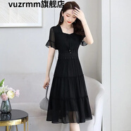 vuzrmm輕奢女裝高端法式蕾絲花邊雪紡連衣裙女夏中長(cháng)款2022年新款修身收腰顯瘦溫柔氣質(zhì)夏天裙子 黑色 2XL 【建議120斤-135斤】