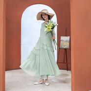 生活在左嬰兒棉系列連衣裙多色寬松顯瘦舒適夏秋新款長(cháng)裙女 天青色 2XL