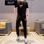 BGP潮牌休閑風夏季新款潮流男士兩件套蜜蜂刺繡短袖長褲個性休閑套裝 黑色 L