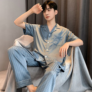 雅鹿冰絲睡衣男春秋款夏季家居服短袖長(cháng)褲男士仿真絲綢秋天季男生套裝 NSNY-灰色千鳥(niǎo)格【短袖長(cháng)褲】 2XL 男【推薦150-170斤】