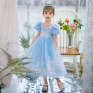 蓓然美（BeiRanMay）愛莎公主裙2025艾莎裙子六一兒童演出服生日禮物洋氣泡泡袖網(wǎng)紗裙 藍(lán)色公主裙+皇冠+魔法棒 130 （建議身高114-123CM)