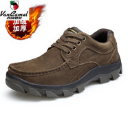 西域駱駝（VANCAMEL）頭層牛皮男鞋休閑皮鞋真皮厚底戶外運動登山鞋爸爸鞋防滑工裝鞋子 暗棕色加絨棉鞋 2256 39 標準皮鞋碼