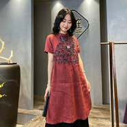全鶯月2022夏季新品棉麻重工刺繡連衣裙中長(zhǎng)款夏季短袖民族風(fēng)復(fù)古 【酒紅色】 XL碼【115-130斤】