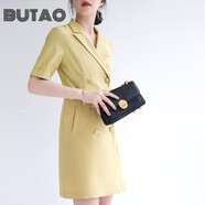 BUTAO女裝連衣裙女中長款春新款氣質(zhì)修身包臀長袖西裝裙職業(yè)裙正裝 黃色連衣裙（夏款） M