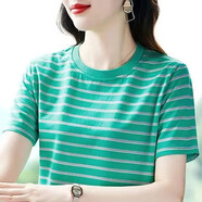 氣質(zhì)淑女裝條紋女士t恤短袖薄款2024新款夏季體恤寬松百搭上衣潮 110綠色 M