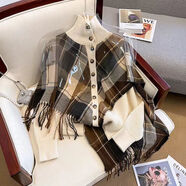 伊琦蕾秋冬套裝女設計感假兩件流蘇披肩針織毛衣+復古格子半身裙兩件套 米白設計感毛衣 9377# M 建議95-110斤